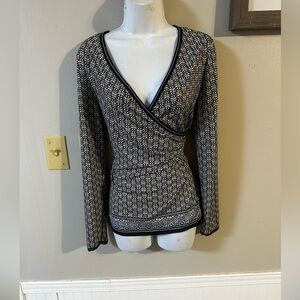 Max Studio Black and White Wrap-Style Patterned Knit Top